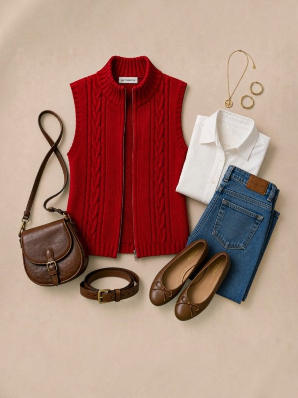 Liz Claiborne XL Red Cable Knit Zip Mock Neck Sweater Vest Cotton Blend - Picture 2 of 10